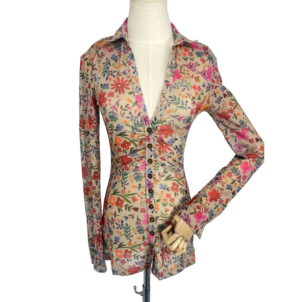 Natural Life Womens Boho Mesh Floral Button Front Top Size Small Long Sleeve New - Picture 2 of 16